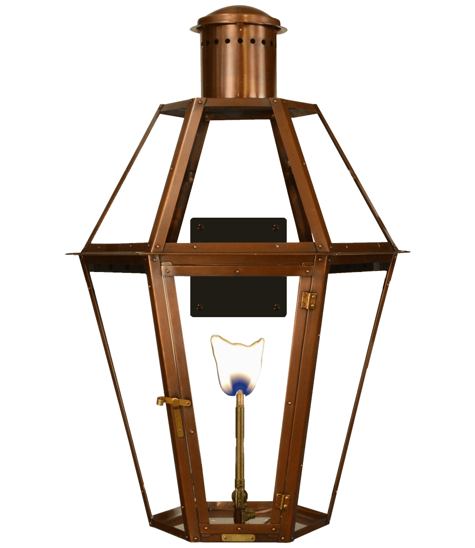 Eslava Street Gas or Electric Copper Lantern with Top and Bottom Scrolls