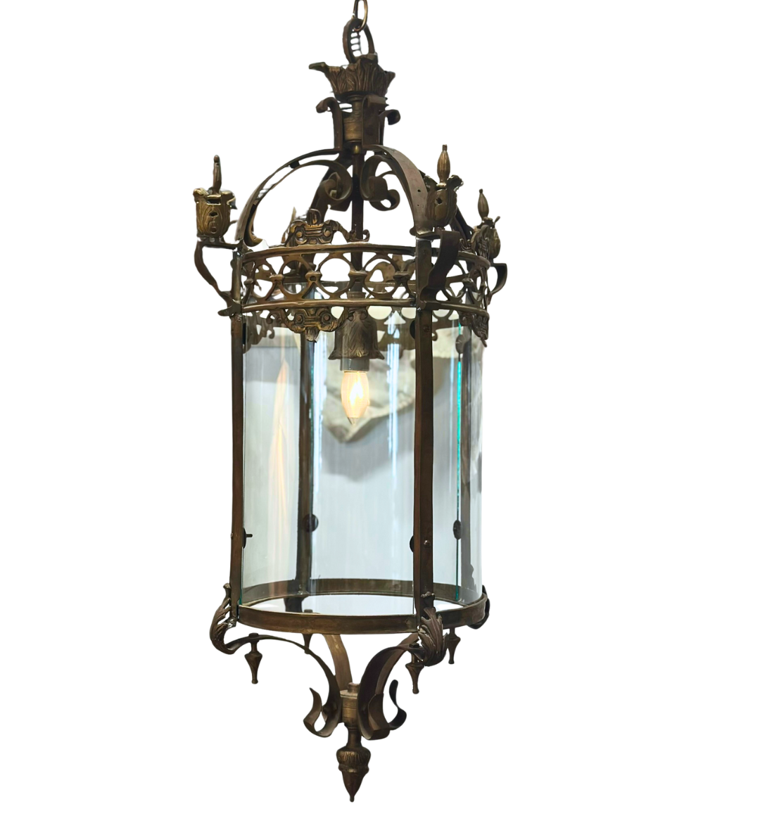 Vintage Brass Quince Lantern Pendant with Clear Curved Glass and Medium ...