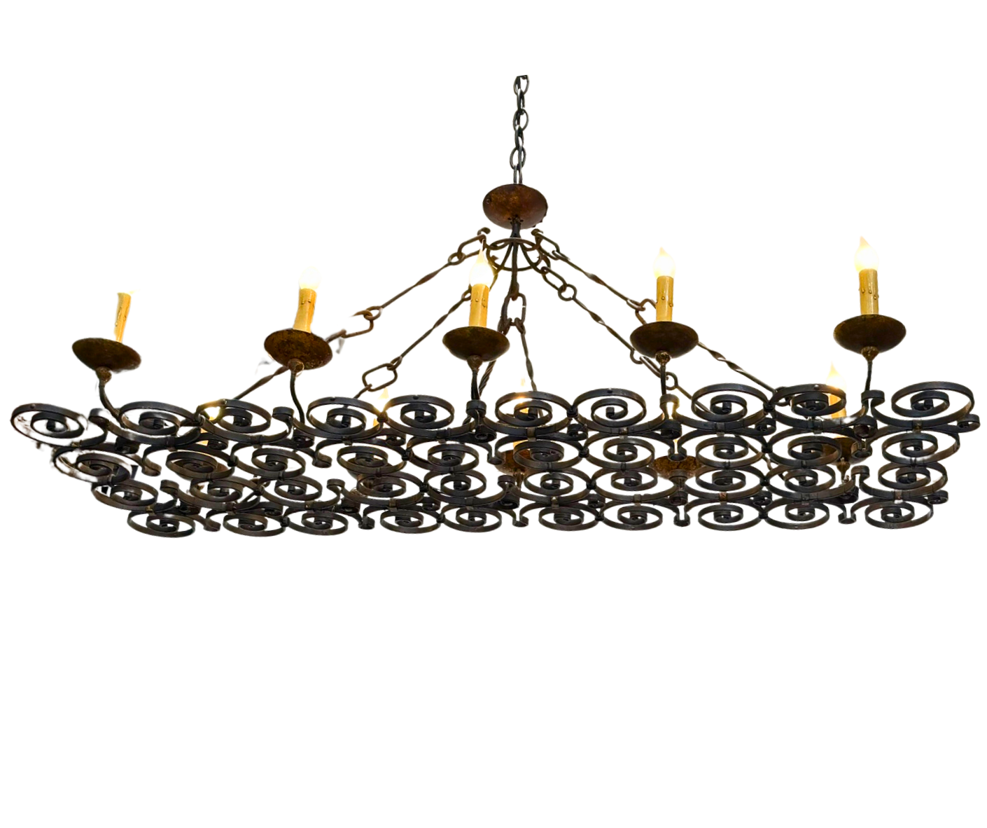 Vintage French Rectangular Scroll Iron Chandelier 10 Arms